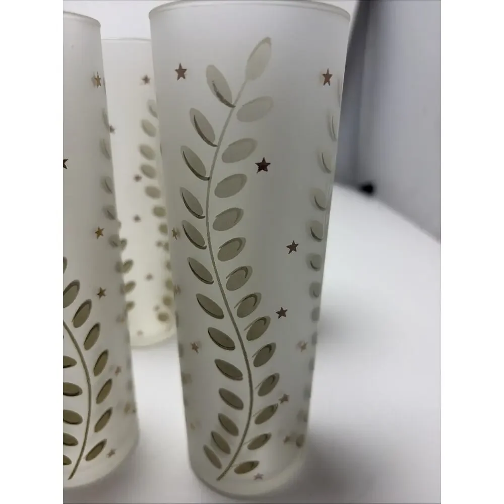 6 Libbey Tom Collins Zombie Frosted Glasses Ferns & Gold Stars 12oz 7x2.5